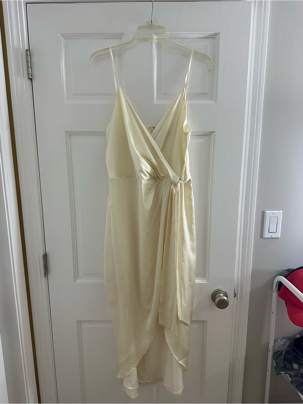 Express Satin-Look Cream Midi Wrap Dress with Tie